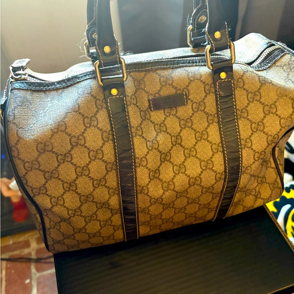 Gucci dark brown and tan  Monogram Handbag